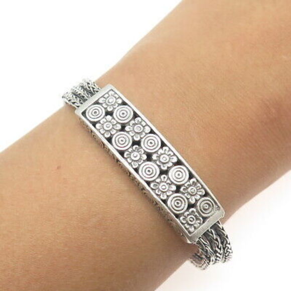 925 Sterling Silver Vintage Floral ID 3-Row Wheat Link Bracelet 6.75&quot;